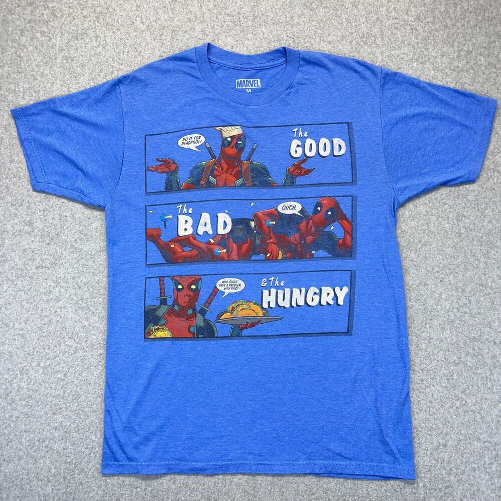 Marvel Deadpool T-Shirt Men’s Medium Blue “The Good The Bad The Hungry” Graphic